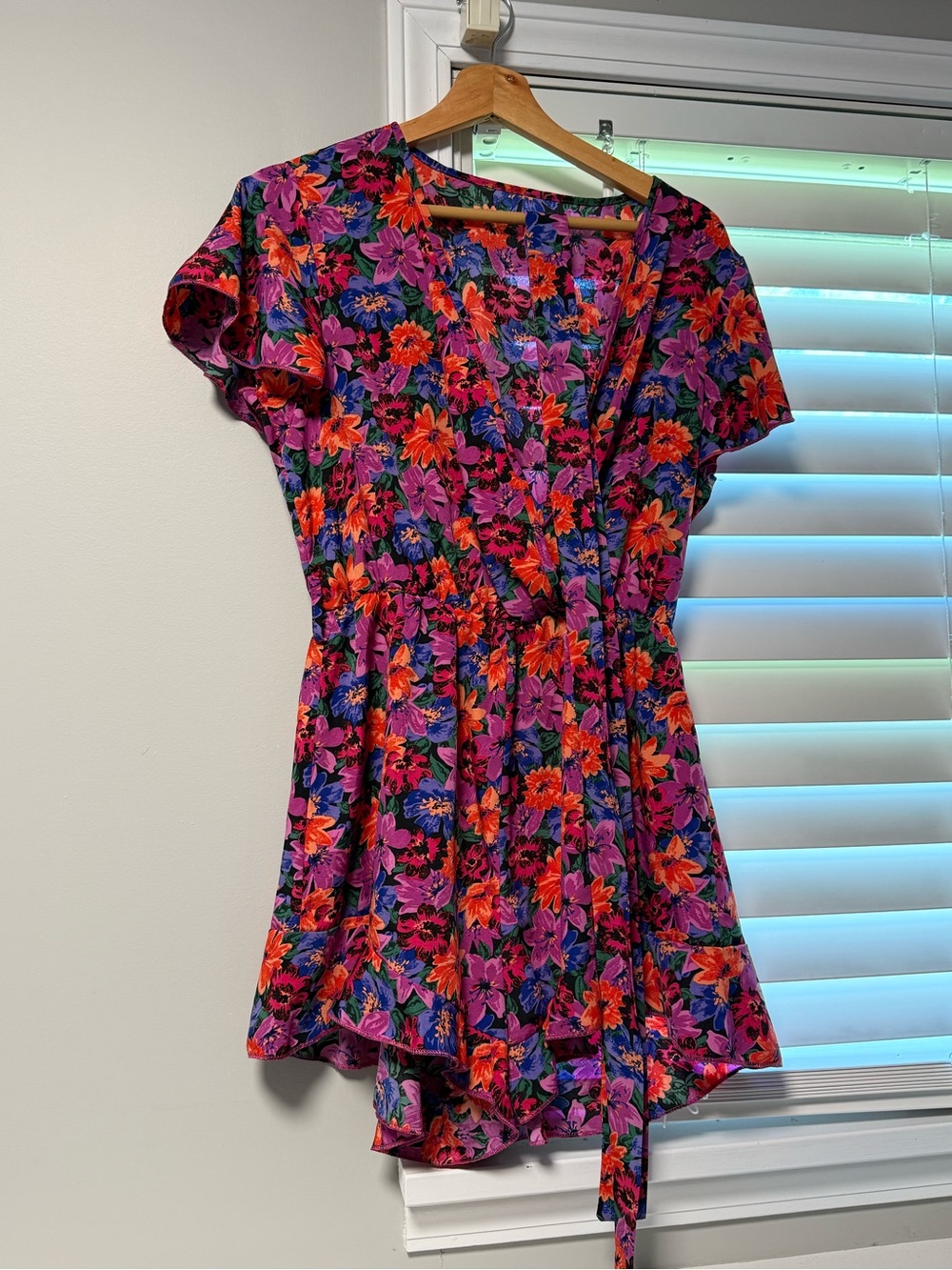 Floral Wrap Short Romper in Purple and Red